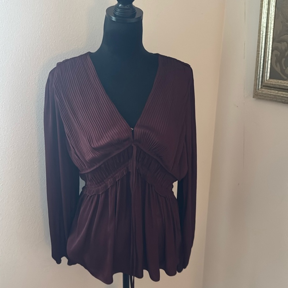 Naked Zebra burgundy satin pleated V cleavage long sleeves tie front blouse S